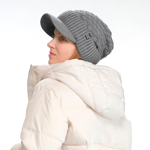 C.C Fuzzy Fleece Lined Warm Oversized Chunky Soft Stretchy Oversized Two Way Ribbed Slouchy Knit Hat with Visor Brim - color: Light Melange Grey