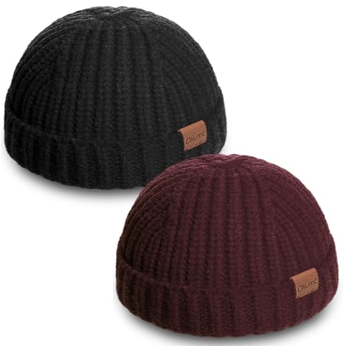 Fisherman Short Beanie Hats for Men, Knit Skull Cap Cuff Trawler Hat Mens Stylish Watch Cap Winter Warm Hat for Daily Wear - color: Black, Wine Red