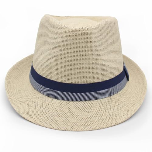 LIDHAY Short Brim Panama Hat Straw Fedora Hats for Men Women Summer Derby Trilby Hats Beach Sun Hat - color: Beige