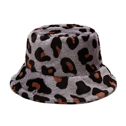 Dirholl Women's Winter Faux Fur Fuzzy Warm Bucket Hat - color: Big Leopard Gray