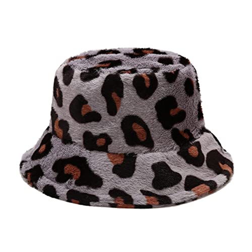 Dirholl Women's Winter Faux Fur Fuzzy Warm Bucket Hat - color: Big Leopard Gray
