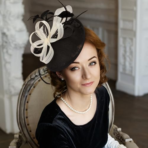 Zinniday Black Feather Fascinators Headband - 2026 Vintage Derby Hats Mesh Victoria Tea Party Kentucky Hat for Women - color: White Black