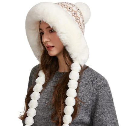 HUAMULAN Women Winter Peruvian Beanie Hat Ear Flaps Fleece Lining - color: Cream White Floral