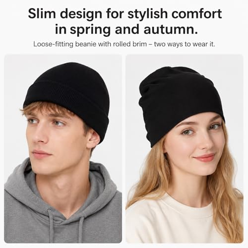 salbsever Summer Beanies, Cotton Beanie Black Beanie for Men Slouchy Beanies Ultra-Soft Cuffed Knit Hat