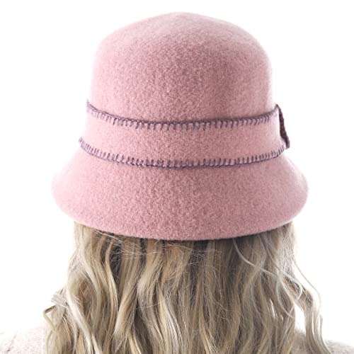 Women Elegant Winter Wool Bucket Hat 1920s Vintage Cloche Bowler Hats (Pink)
