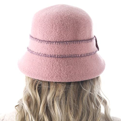 Women Elegant Winter Wool Bucket Hat 1920s Vintage Cloche Bowler Hats (Pink)
