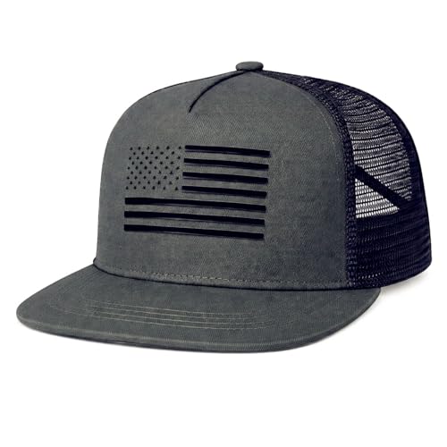BROMZ Kids Youth American Flag Trucker Hat Flat Bill, Breathable Mesh Back Snapback Baseball Cap for Boys Girls 5-15 Years - color: Dark Gray/Black Flag