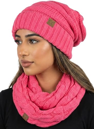 Funky Junque Slouchy Beanie & Infinity Scarf Gift Set – Matching Winter Accessories Sets for Women, Oversized Hat and Scarves - color: Candy Pink