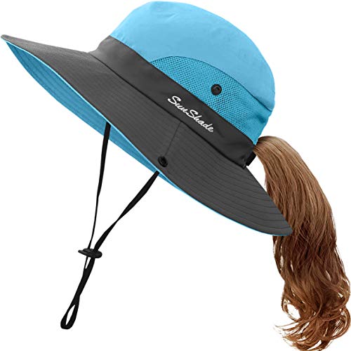 IYEBRAO Kids UV Sun Hat with Ponytail Hole UPF 50 Bucket Cap for Girls Summer Beach ＆ Fishing - color: Sky Blue