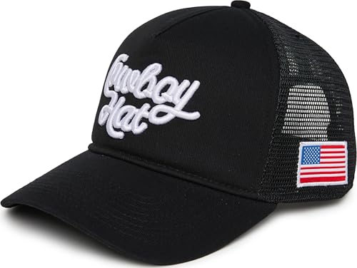 Funky Junque Vintage Trucker Hat, Embroidered American Flag Cap - color: Cowboy Hat - Black