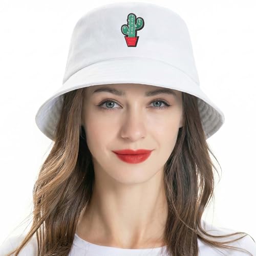 ZLYC Cotton Bucket Hat for Women Men Embroidered Packable Summer Sun Cap - color: Cactus White