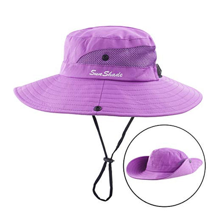 Muryobao Women's Ponytail Sun Hat UV Protection Foldable Mesh Wide Brim Beach Fishing Hat - color: Pure Purple