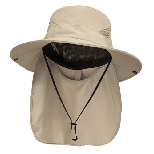 NPJY Sun Fishing Hats with Neck Flap for Men Women UV Sun Protection - color: Pure Khaki(neck Flap)