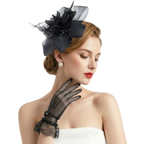 Fascinators Hats with Lace Gloves for Women Headband for Tea Party Wedding - color: Black