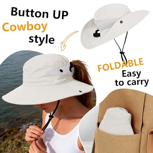 ZOORON Women's Ponytail Safari Sun Hat,Wide Brim UV Protection Bucket Hat - color: 2-pure Beige+pure Light Grey