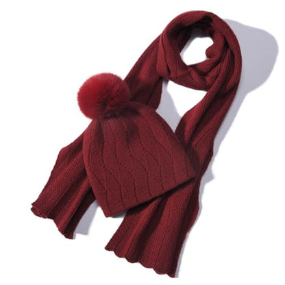 Knit Hat Scarf Set with Detachable Pom Pom, Wool Blend Winter Beanie & Long Scarf, Cold Weather Accessories for Women - color: Red