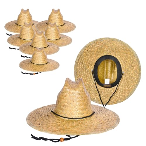 6 Pack Straw Hats – Bulk Wide Brim Lifeguard Sun Hats for Men & Women with Adjustable Chin Strap - color: Natural Straw