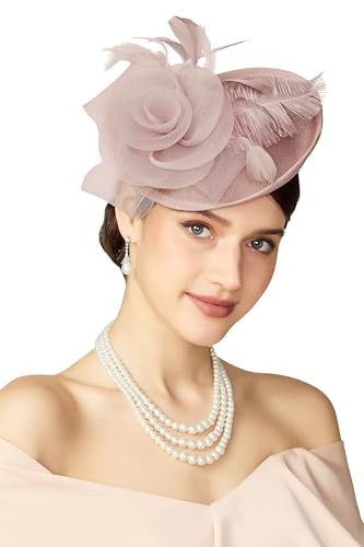 BABEYOND Fascinators Hats for Women Tea Party Mesh Flower Pillbox Derby Hat - color: Nude Pink
