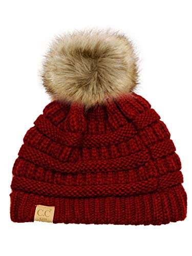 C.C Children's Kids' Soft Stretch Cable Knit Faux Fur Pom Beanie Hat - color: Red