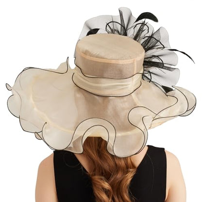 Women Organza Church Derby Hat Wide Brim Sun Caps for Wedding Tea Party Hat with Detachable hat Flower as Headgear - color: 11-beige