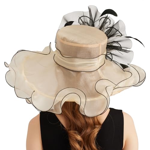 Women Organza Church Derby Hat Wide Brim Sun Caps for Wedding Tea Party Hat with Detachable hat Flower as Headgear - color: 11-beige