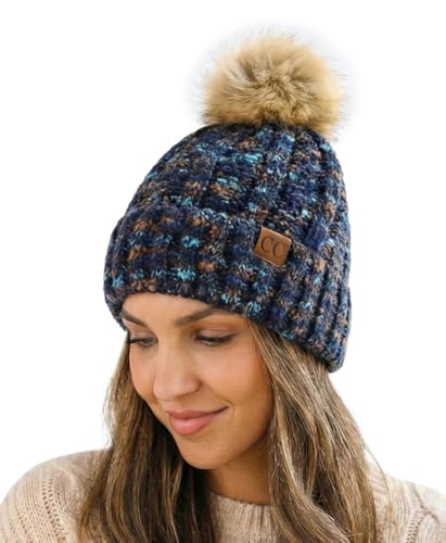 C.C Women’s Popcorn Confetti Knit Beanie Fuzzy Insulated Lined with Faux Fur Pom – Warm Winter Hat & Cozy Skull Cap - color: 1 - Navy Blue