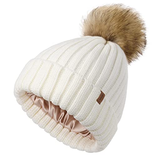 FURTALK Womens Winter Beanie Hat Satin Lined Faux Fur Pom Pom Beanies Hat for Women Winter Warm Knit Hats - color: 01 White
