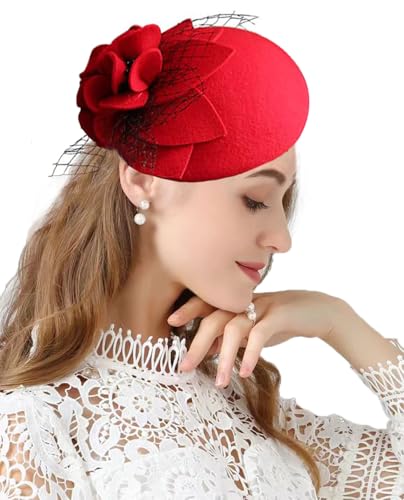 ORIDOOR British Style Pillbox Hat Women Church Wedding Winter Vintage Fascinator Beret 100% Wool Felt Hat with Veil - color: Red