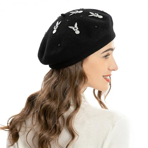 ZLYC Women French Beret Hat Reversible Knit Thickened Warm Artist Cap - color: Paillettes Bunny Black