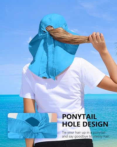 Womens Sun Hat Outdoor UV Protection Wide Brim Fishing Hat with Ponytail Hole Neck Flap for Beach Hiking Camping - color: Sun Hat-sky Blue