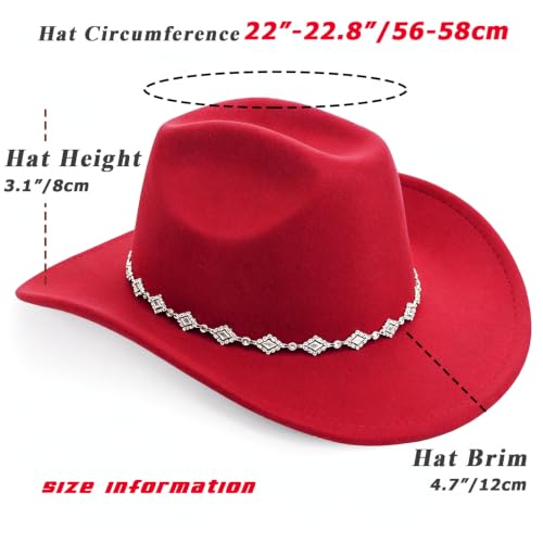 DRESHOW Women's Western Cowboy Hat Rhinestone Cowboy Cowgirl Hat Glitter Wide Brim Felt Fedora Hats Unisex Rolled up Caps - color: 1 Pack Style 11: Red