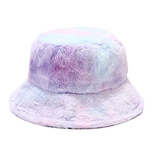 Dirholl Women's Winter Faux Fur Fuzzy Warm Bucket Hat - color: Blue Purple Tie-dye