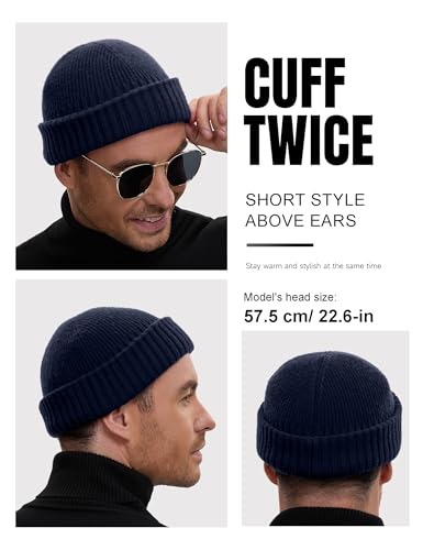 vidsel 50% Wool Double Cuff Beanie Hat for Men Women, Warm Winter Knit Cap - color: Navy Blue