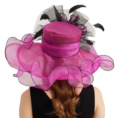 Women Organza Church Derby Hat Wide Brim Sun Caps for Wedding Tea Party Hat with Detachable hat Flower as Headgear - color: 11-rose Red