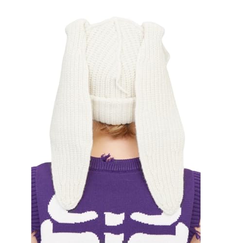 Knitted Beanie Hat Cute Rabbit Long Ears Fun Caps Fluffy Winter Warm Knitted Rabbit Hats Outdoor Slotty Cap - color: Whitew