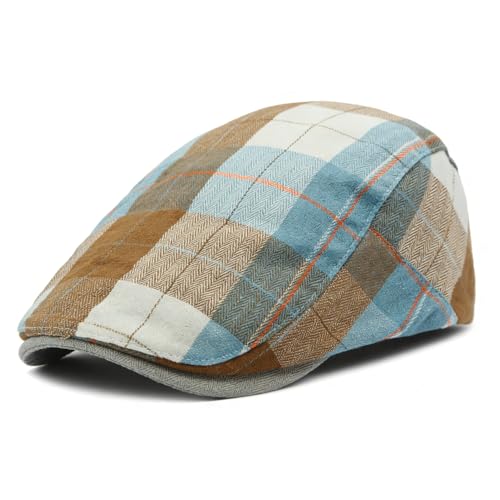 Mens Plaid Newsboy Flat Cap Ivy Gatsby Driving Hunting Cabbie Hat - color: Khaki-plaid a