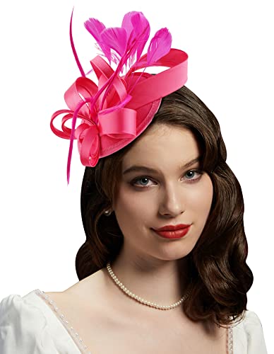 Kentucky Derby Fascinators for Women High Tea Party Hat Wedding Cocktail Flower Headware with Mesh and Feathers - color: Y-rose