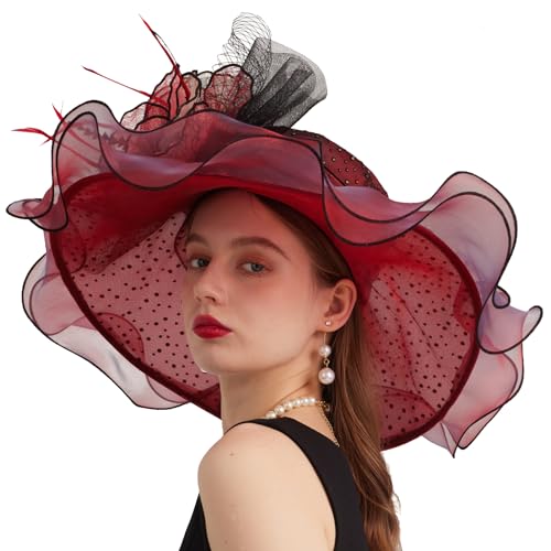 Women Elegant Organza Derby Hat Wide Brim Sun Hats for Wedding Tea Party Fascinator Hat - color: Dark Red