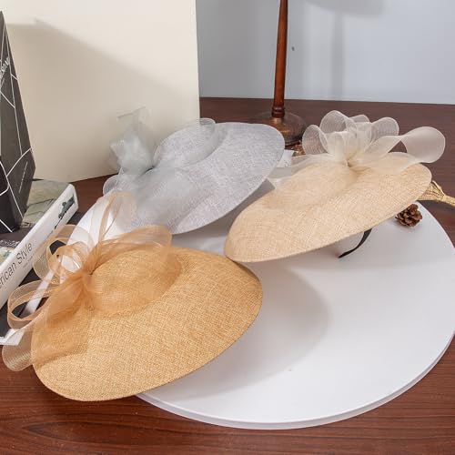 Elegant Wide Brim Fascinator Hat for Women, Detachable Headband & Clip - color: Light Khaki