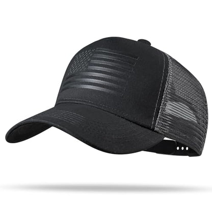 American Flag Trucker Hat - Snapback Hat, Baseball Cap for Men Women - Breathable Mesh Side, Adjustable Fit - for Casual Wear - color: Black/Dark Gray
