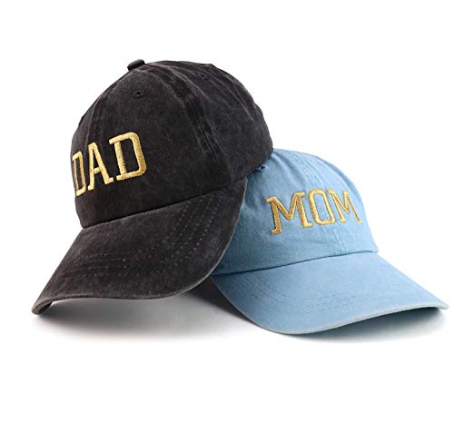 Trendy Apparel Shop Capital Gold Thread Mom and Dad Pigment Dyed 2 Pc Cap Set - color: Light Blue Black
