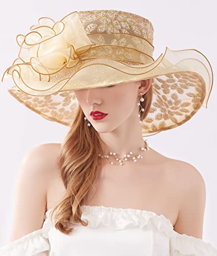 Z&X Organza Church Fascinator Wedding Tea Party Derby Hats for Women Flower Wide Brim Sun Hats - color: 01a Gold
