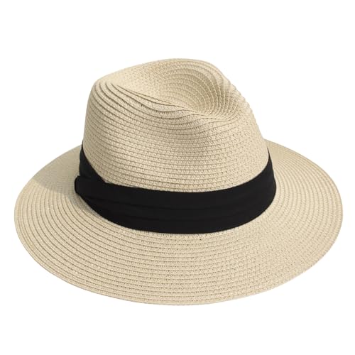 AQOKKA Summer Straw Fedora Hat for Women Men Travel Panama Hat with Wide Brim Roll Up Sun Hat for Beach Outdoor UPF 50+ - color: 1 Pack: Beige a