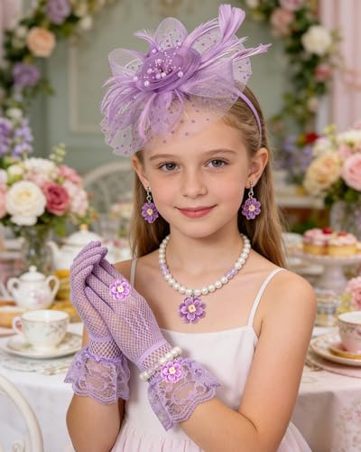Girls Tea Party Fascinators Hats Girls Church Hats 20s 50s Pillbox Hat Cocktail Mesh Flower Pearl Feather Headband - color: Purple