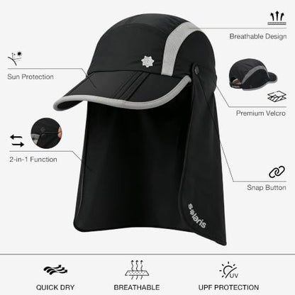 Solaris UPF 50+ Running Cap Mesh Baseball Hat Foldable Unisex - color: Black, size: Shield