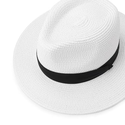 DRESHOW Women Straw Panama Hat Travel Fedora Beach Sun Hat Summer Wide Brim Straw Roll up Hat UPF 50+ - color: Z Panama Straw Hat: White With Black Band