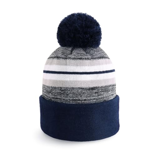 Pom Pom Beanie Cuffed Knit Winter Hat Skull Cap Striped Novelty Men Women - color: (Navy)