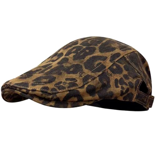 Retro Leopard Beret Cap 20s-Gatsby Fashion Cows Newsboy Caps Cotton Blend Ivy Flat Cabbie Hat Medium - color: Dk Brown Leopard