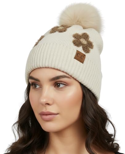 Funky Junque Beanie for Women Ultra Soft Chenille Faux Fur Pom Pom Winter Hats Warm Ski Cap Fashion - color: Daisy - Beige
