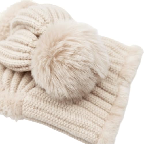 HUAMULAN Women Winter Knit Beanie Hats One Piece Fleece Lined Balaclavas - color: Beige + Faux Fur